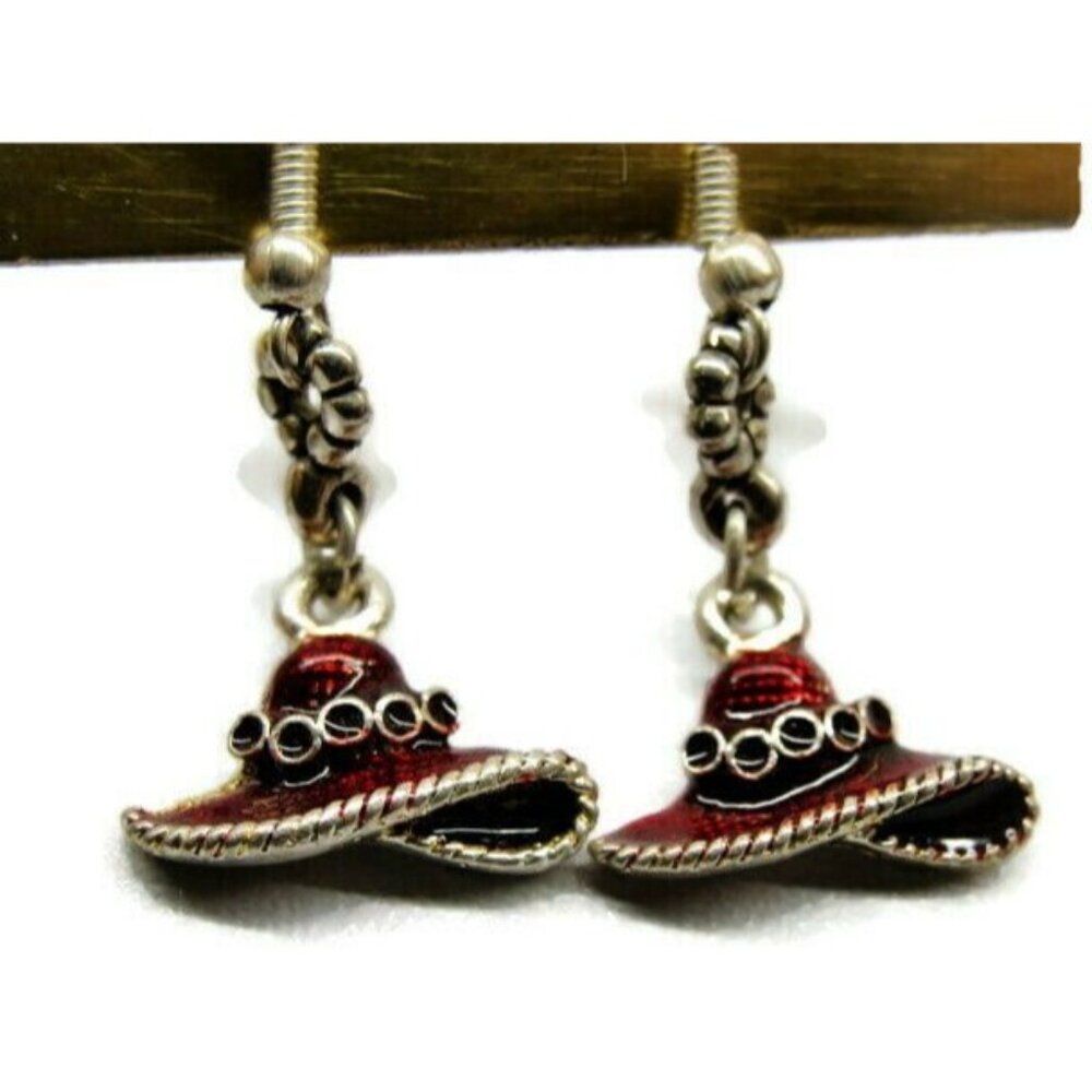 Red Enamel Hat Silver Tone Vertical Drop Dangle Hook Earrings Womans